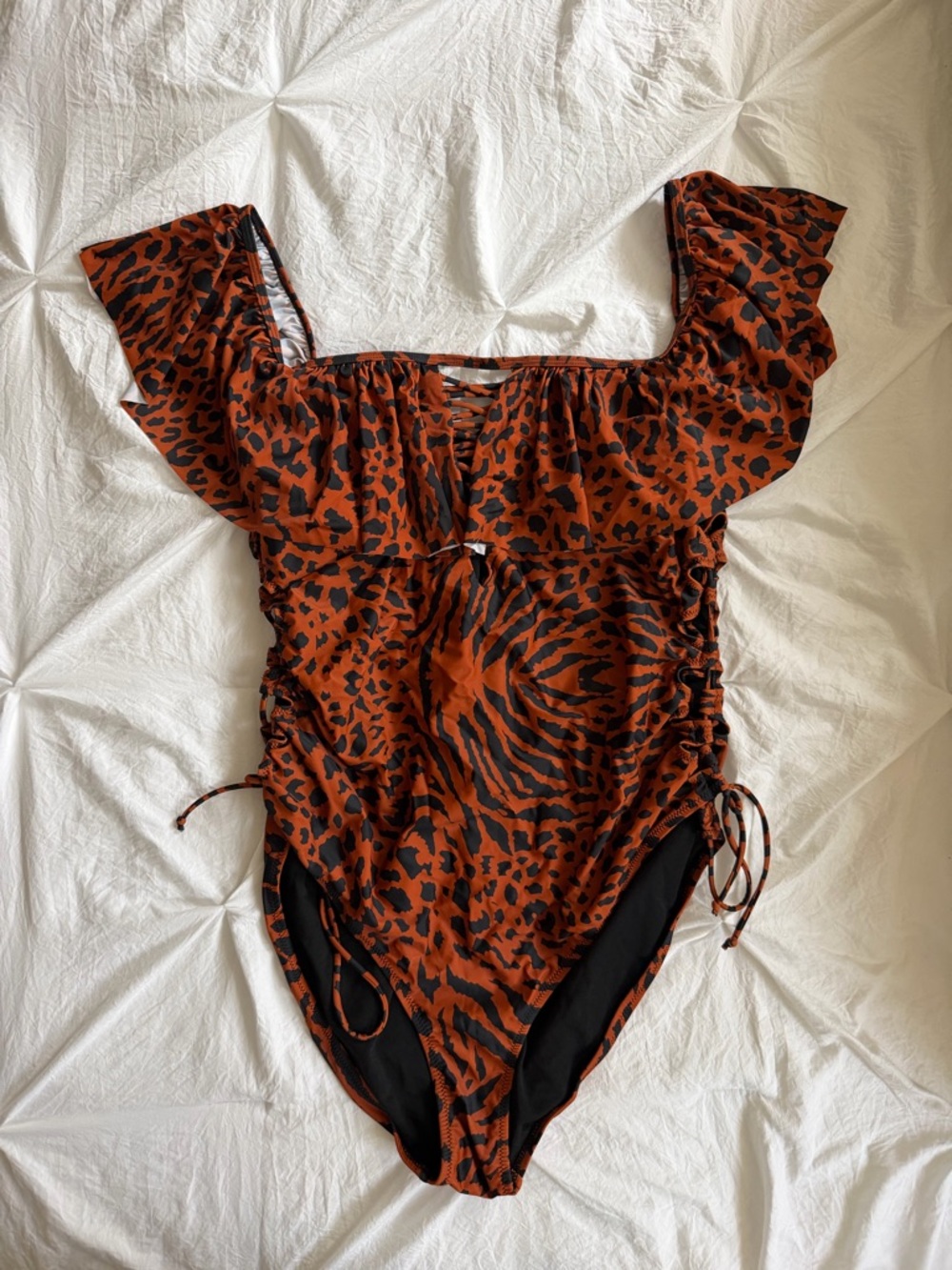 Ruffled One-Piece Swimsuit in Rust and Black Animal Print